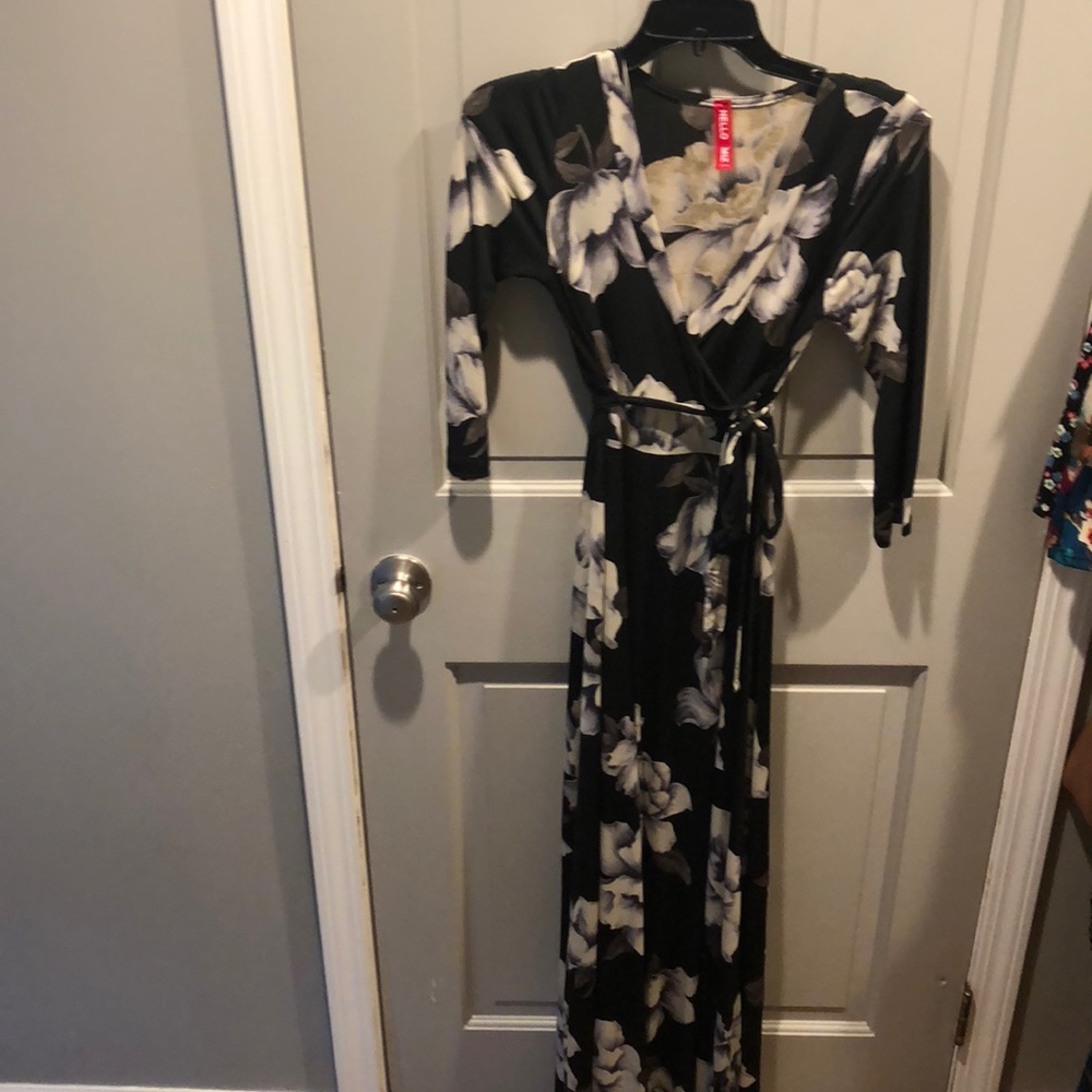 Long, black floral faux wrap dress